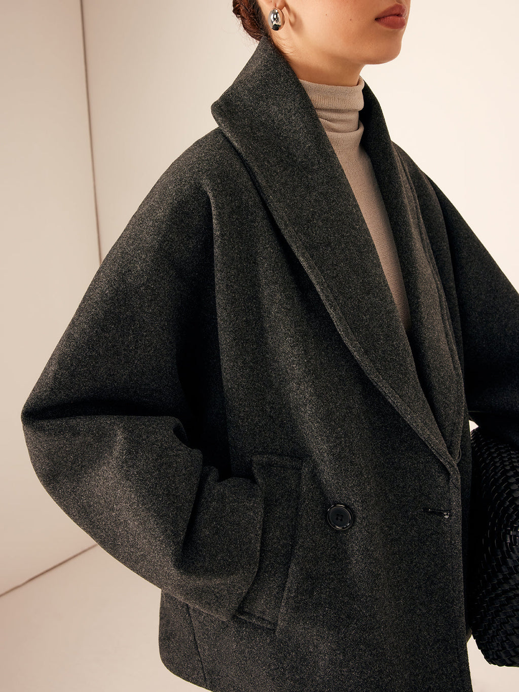 Tweed Pockets Loose Coat for Women Casual Style