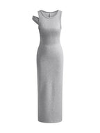 Asymmetrical Crew Neck Split Maxi Dress with Long Sleeves and Belt