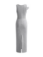 Asymmetrical Crew Neck Split Maxi Dress with Long Sleeves and Belt