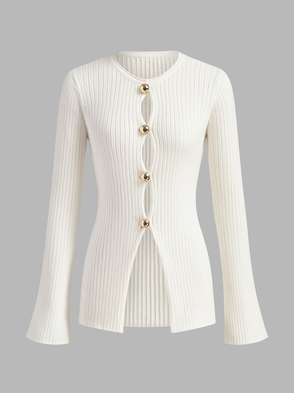 Golden Button Split Knit Top Cozy Long Sleeve Casual Wear