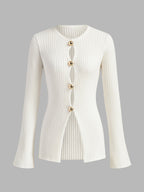 Golden Button Split Knit Top Cozy Long Sleeve Casual Wear