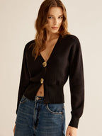 Ribbed V-Neck Cinched Cardigan Sweater for Women