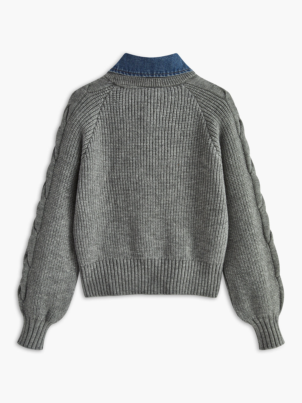 Denim Panel Ribbed Lapel Sweater for Casual Fall Fashion