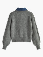 Denim Panel Ribbed Lapel Sweater for Casual Fall Fashion