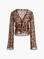 Leopard Print Semi-Sheer Ruffle V-Neck Blouse for Women Lightweight