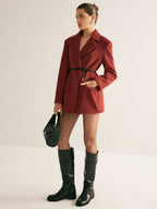 Wool-Blend Belted Blazer With Shoulder Pads, Women's Tailored Fashion Jacket