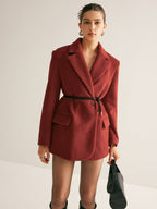 Wool-Blend Belted Blazer With Shoulder Pads, Women's Tailored Fashion Jacket