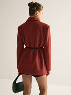 Wool-Blend Belted Blazer With Shoulder Pads, Women's Tailored Fashion Jacket