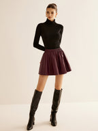 Elastic Waist Pleated PU Leather Skirt with High-Waisted Fit