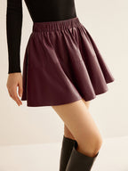 Elastic Waist Pleated PU Leather Skirt with High-Waisted Fit