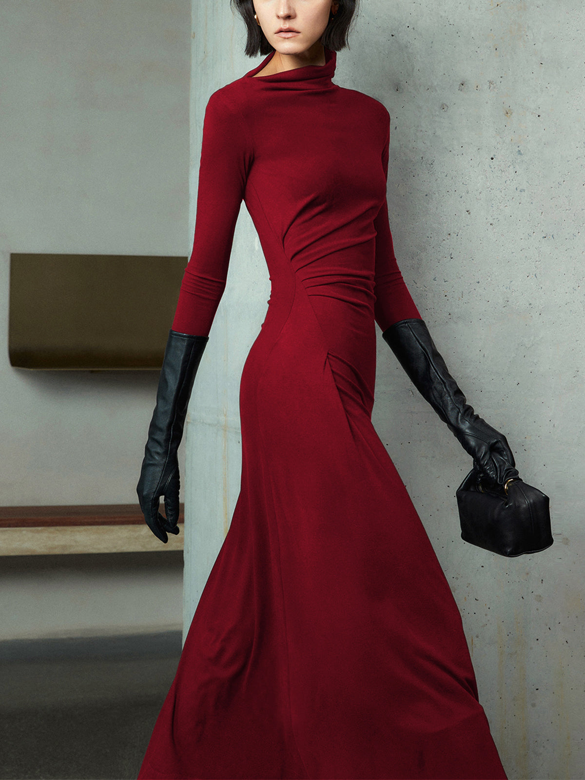 Bodycon Asymmetrical Neck Long Sleeve Ruched Maxi Dress for Evening Events