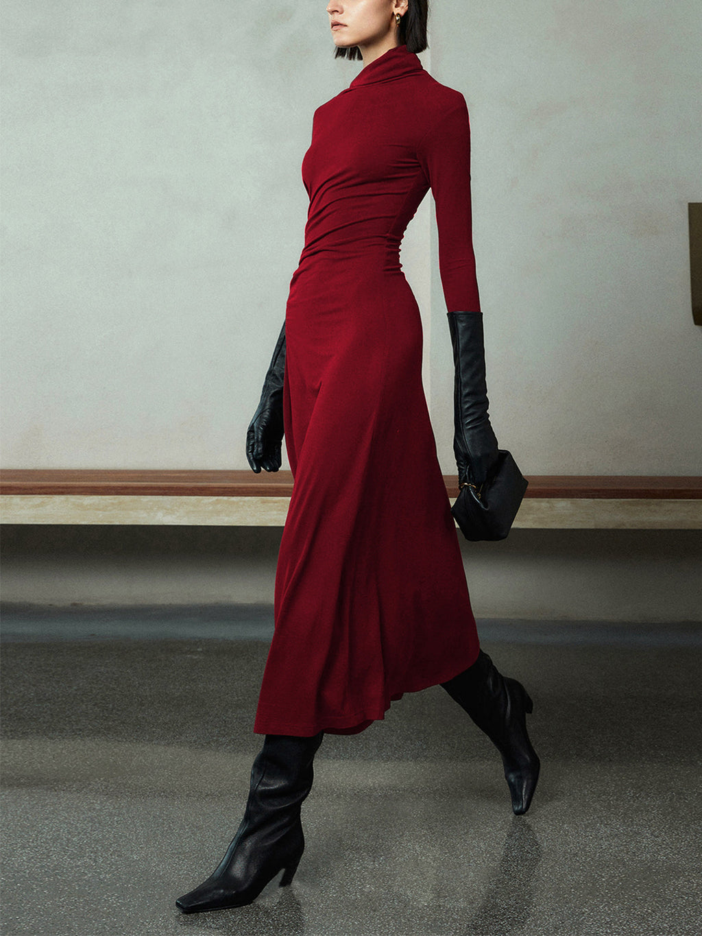 Bodycon Asymmetrical Neck Long Sleeve Ruched Maxi Dress for Evening Events