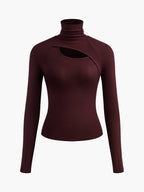 Asymmetric Cut Out Turtleneck Long Sleeve Slinky Top for Women, Chic Casual Wear
