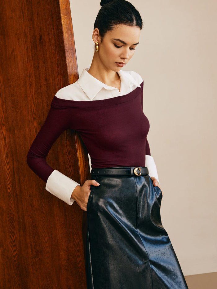 Semi-Sheer Panel Jersey Slim Top Versatile Lightweight Breathable Fabric