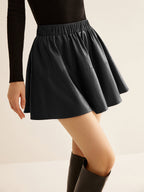 Elastic Waist Pleated PU Leather Skirt with High-Waisted Fit