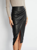Pleated Split PU Leather Skirt High Waist Fashion Midi