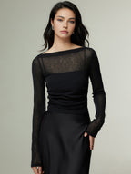 Straight Neck Sheer Panel Jersey Top Lightweight Fashion Essential