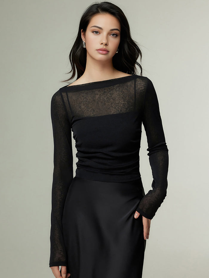 Straight Neck Sheer Panel Jersey Top Lightweight Fashion Essential