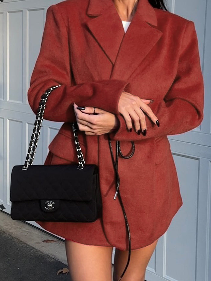 Wool-Blend Belted Blazer With Shoulder Pads, Women's Tailored Fashion Jacket