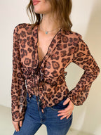 Leopard Print Semi-Sheer Ruffle V-Neck Blouse for Women Lightweight