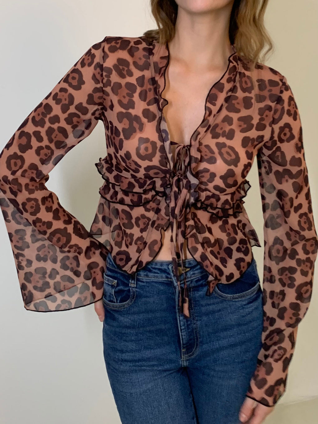 Leopard Print Semi-Sheer Ruffle V-Neck Blouse for Women Lightweight