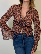 Leopard Print Semi-Sheer Ruffle V-Neck Blouse for Women Lightweight