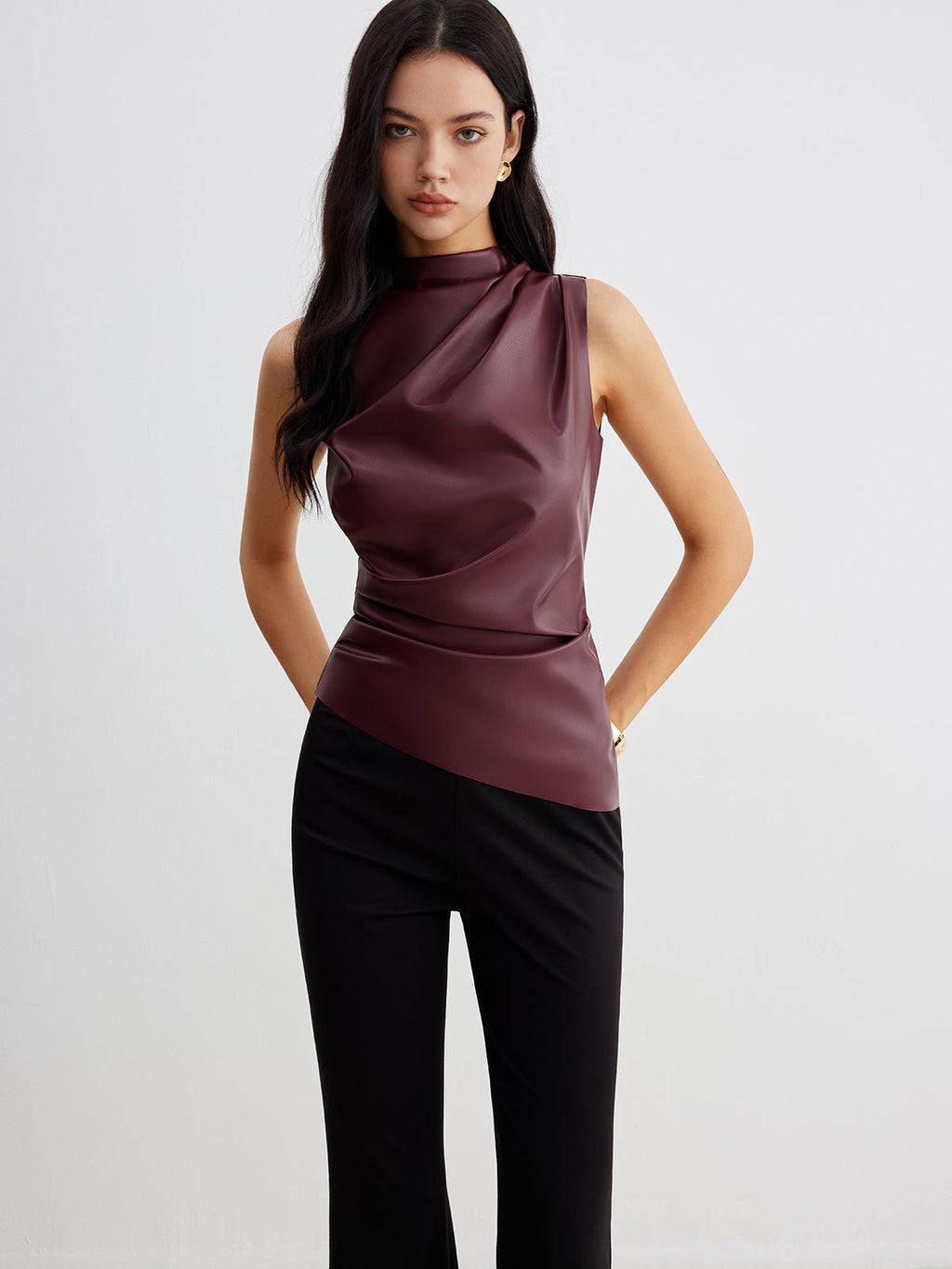 Mock Neck Faux Leather Cinched Tank Top Sleeveless Stylish Versatile