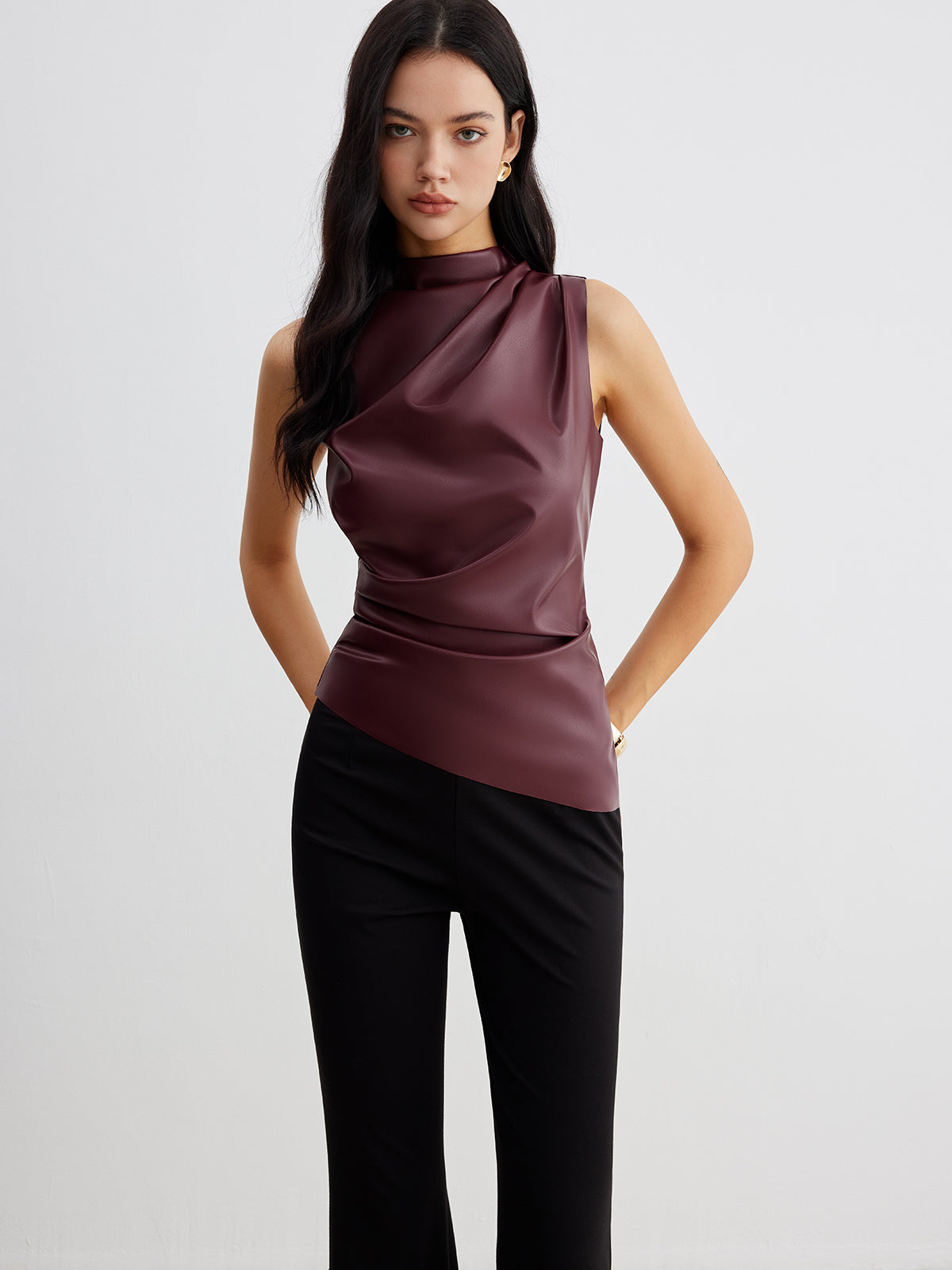 Mock Neck Faux Leather Cinched Tank Top Sleeveless Stylish Versatile
