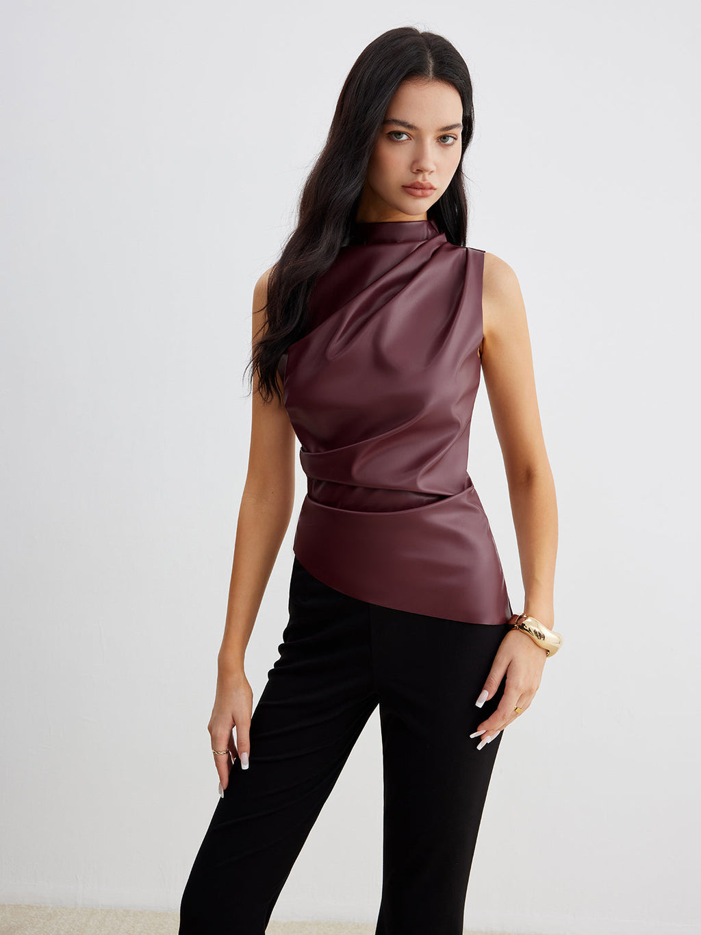 Mock Neck Faux Leather Cinched Tank Top Sleeveless Stylish Versatile