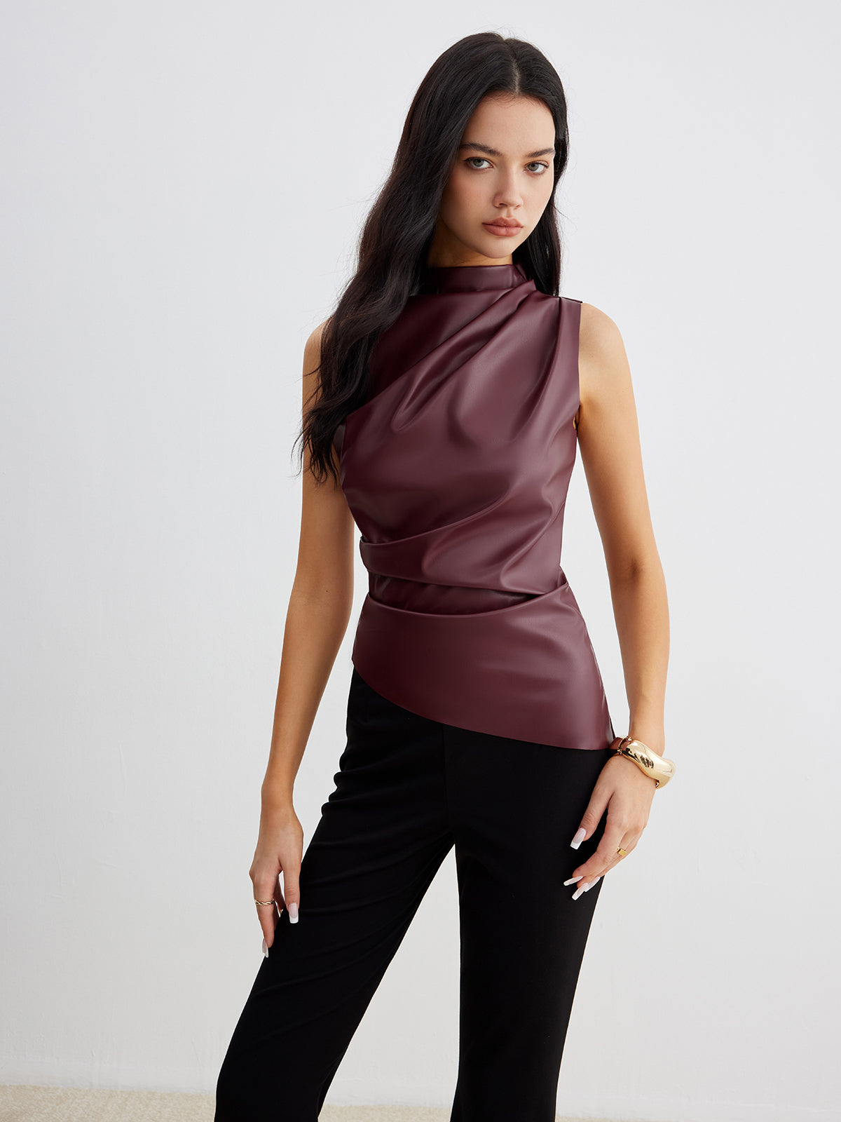 Mock Neck Faux Leather Cinched Tank Top Sleeveless Stylish Versatile