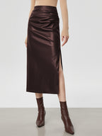 Faux Leather Ruched Slit Midi Skirt Women's Trendy Fashion