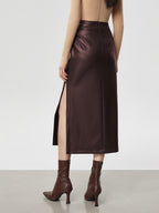 Faux Leather Ruched Slit Midi Skirt Women's Trendy Fashion
