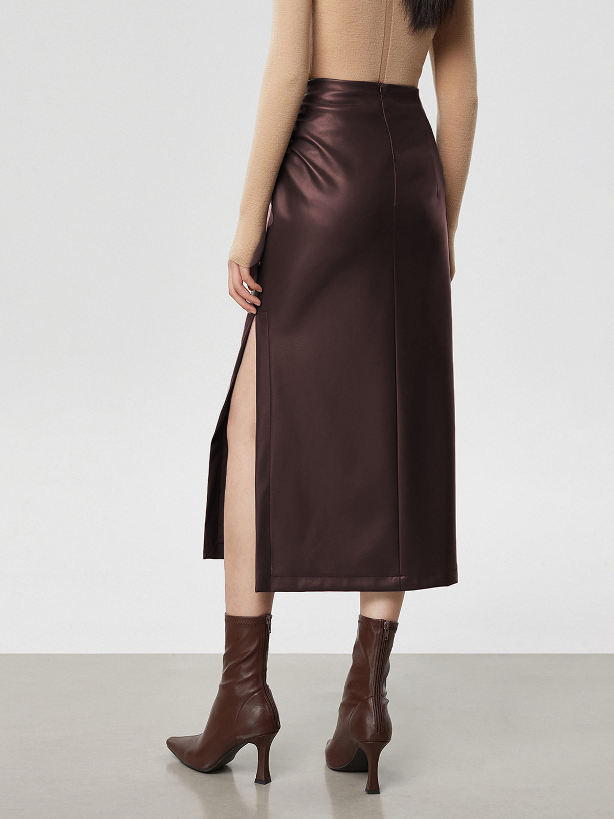 Faux Leather Ruched Slit Midi Skirt Women's Trendy Fashion