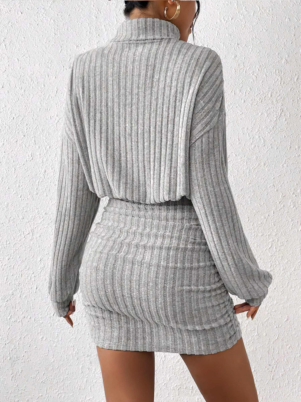 Mock Neck Ribbed Short Dress with Long Sleeves and Stretch Fabric
