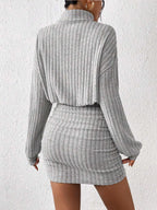 Mock Neck Ribbed Short Dress with Long Sleeves and Stretch Fabric