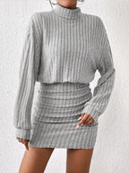 Mock Neck Ribbed Short Dress with Long Sleeves and Stretch Fabric