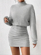 Mock Neck Ribbed Short Dress with Long Sleeves and Stretch Fabric