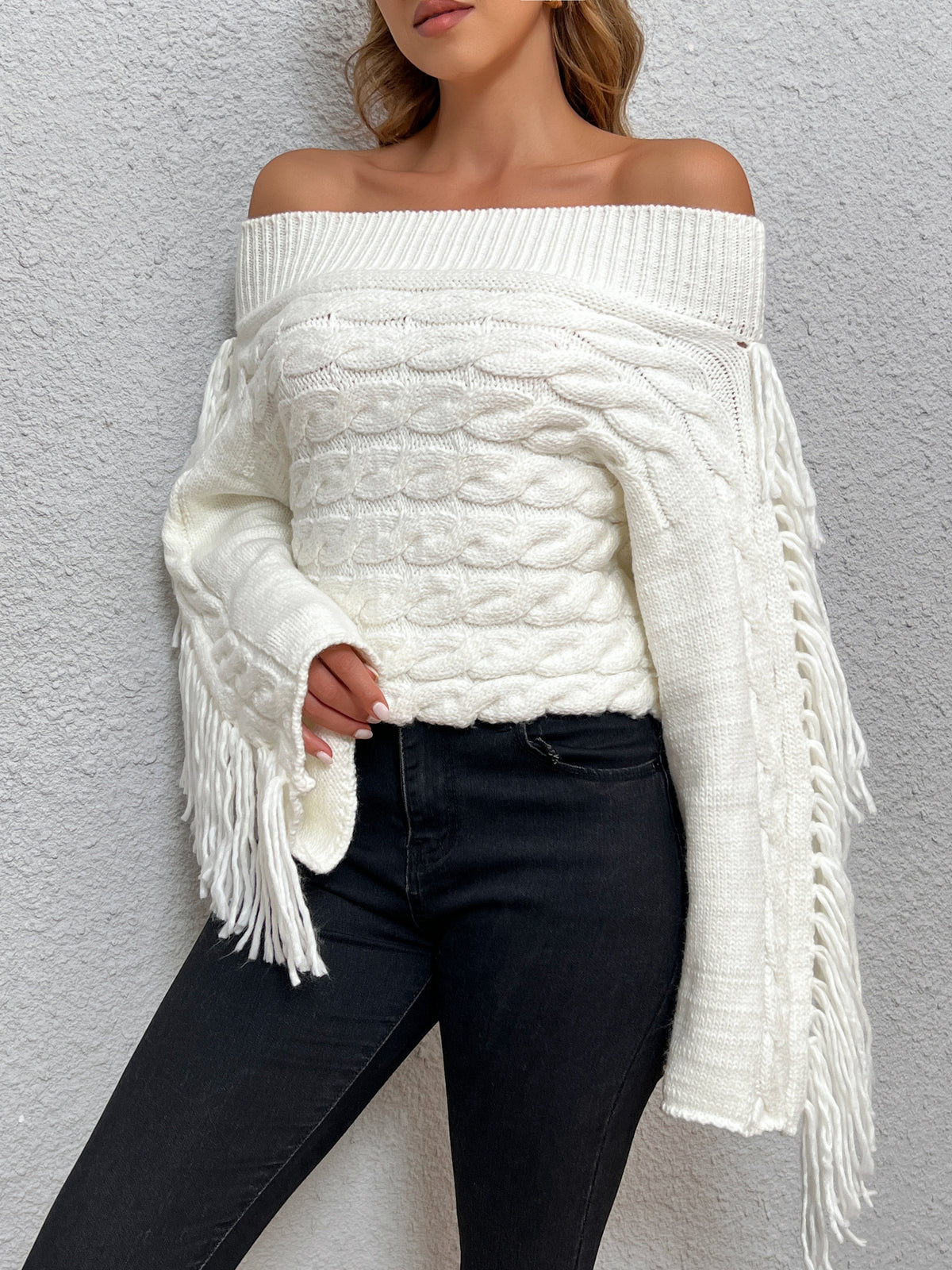 Beheme Off-Shoulder Tassel Sweater Cozy Knit Winter Fashion
