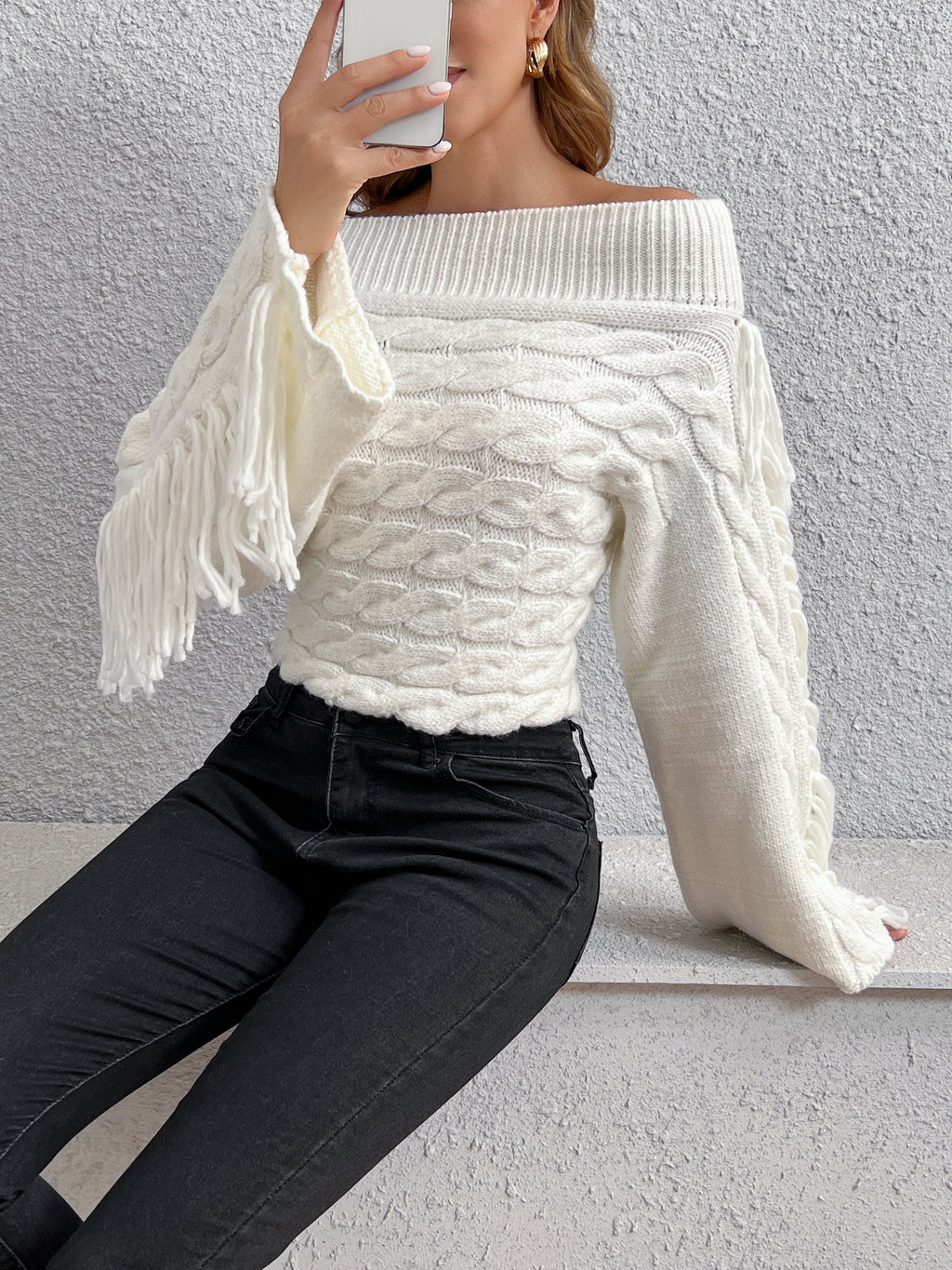 Beheme Off-Shoulder Tassel Sweater Cozy Knit Winter Fashion