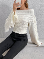 Beheme Off-Shoulder Tassel Sweater Cozy Knit Winter Fashion