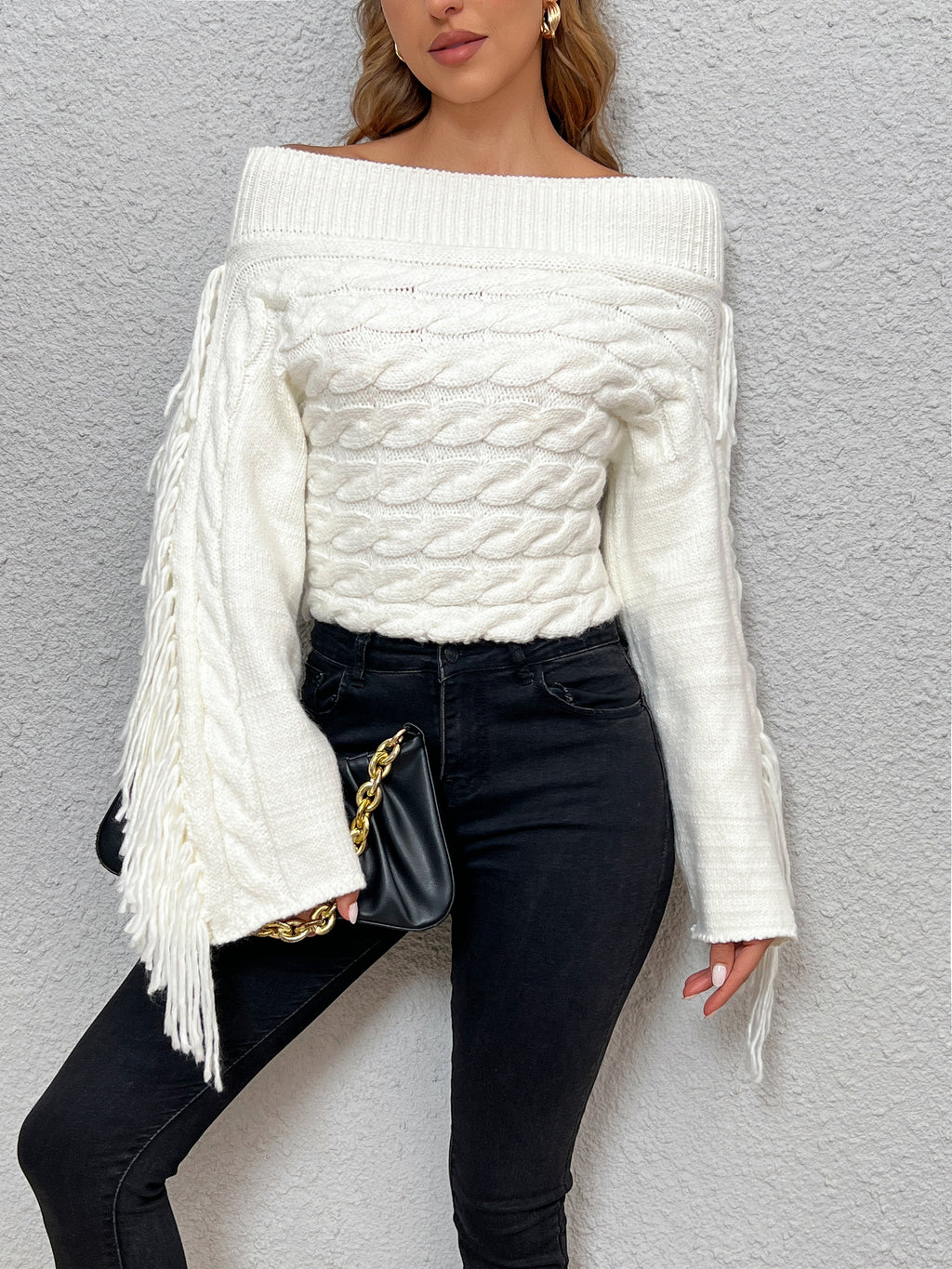 Beheme Off-Shoulder Tassel Sweater Cozy Knit Winter Fashion