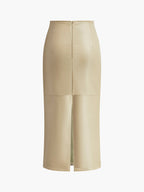 Faux Leather Piping Detail High Waist Midi Skirt