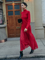 Mock Neck Pleated Panel Sweater Dress with Bell Sleeves and A-Line Skirt