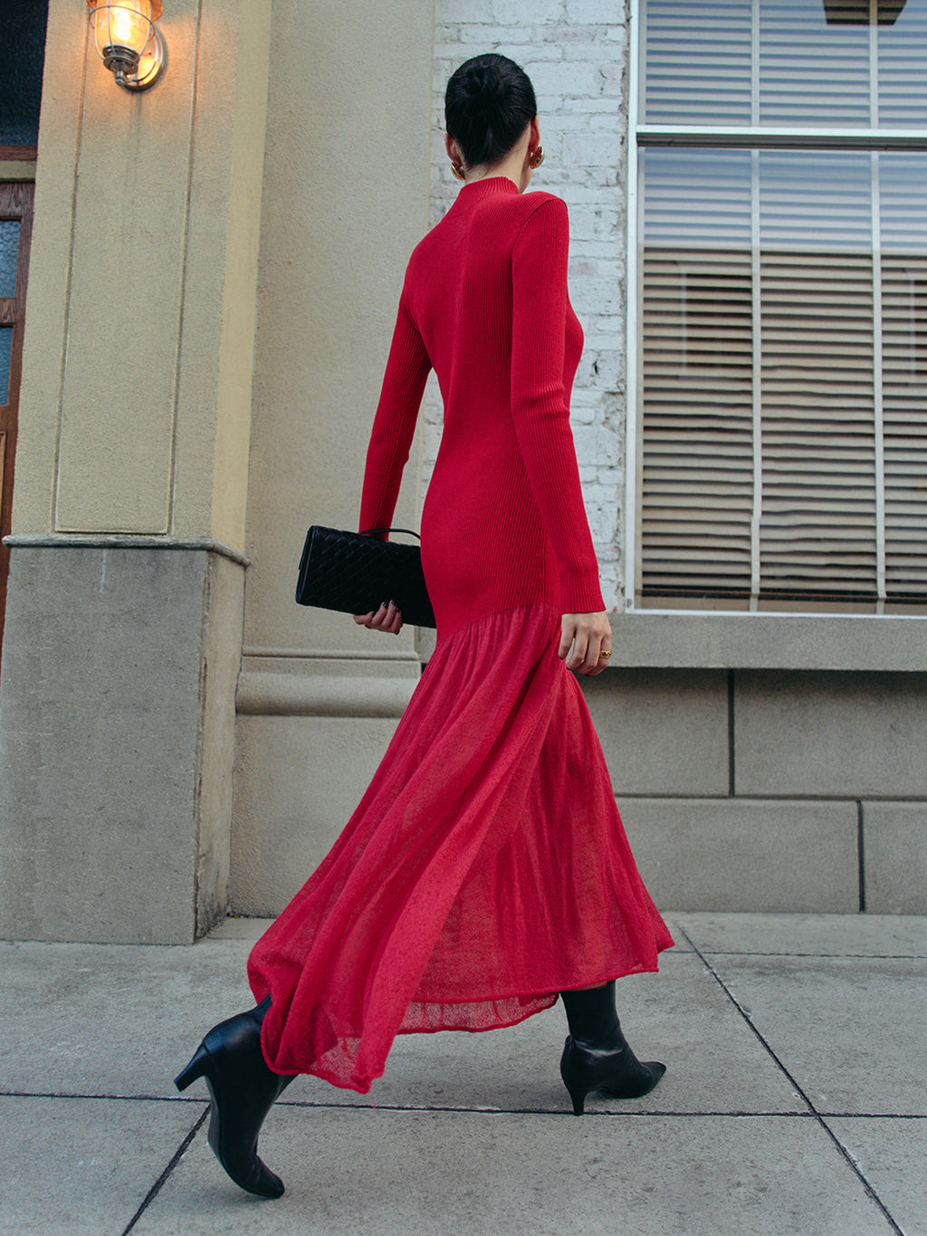 Mock Neck Pleated Panel Sweater Dress with Bell Sleeves and A-Line Skirt