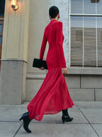 Mock Neck Pleated Panel Sweater Dress with Bell Sleeves and A-Line Skirt