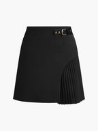 Side Pleated Buckle Belted Skirt for Women, Casual Office Wear