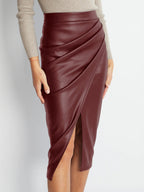 Pleated Split PU Leather Skirt High Waist Fashion Midi