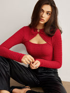 Metal O-Ring Cutout Plisse T-Shirt Fashionable Lightweight Casual Top