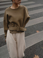 Oversized Belted Short Sweatshirt Women's Casual Outfit