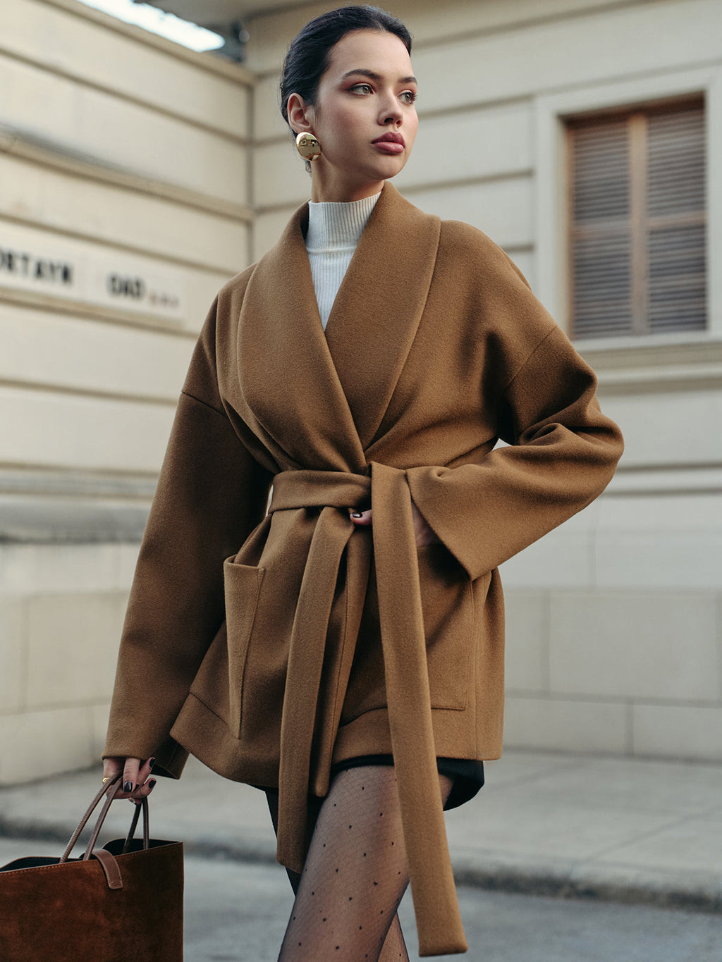 Utility Belted Tweed Coat for Women, Elegant Winter Outerwear
